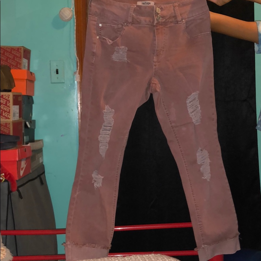 Pink / burgundy ripped jeans with folded bottoms